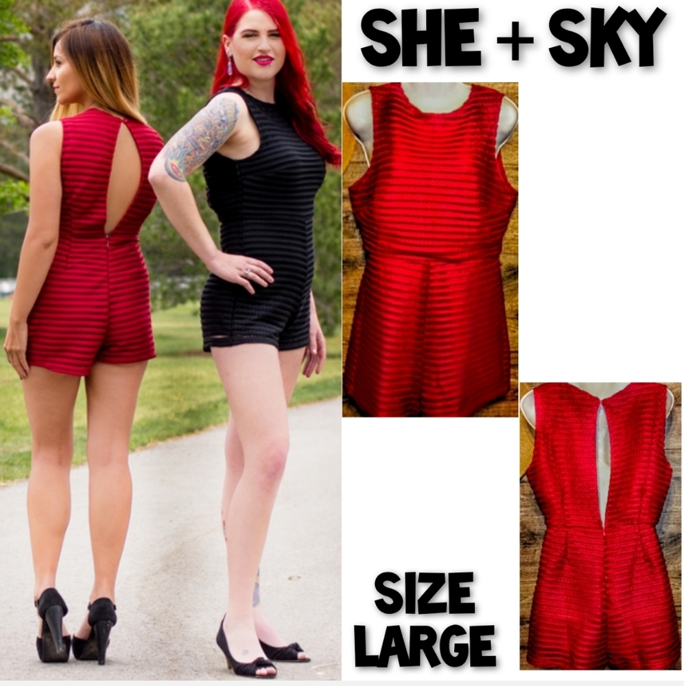 She + Sky Romper Size L Red Slit Back NWT - Picture 1 of 10